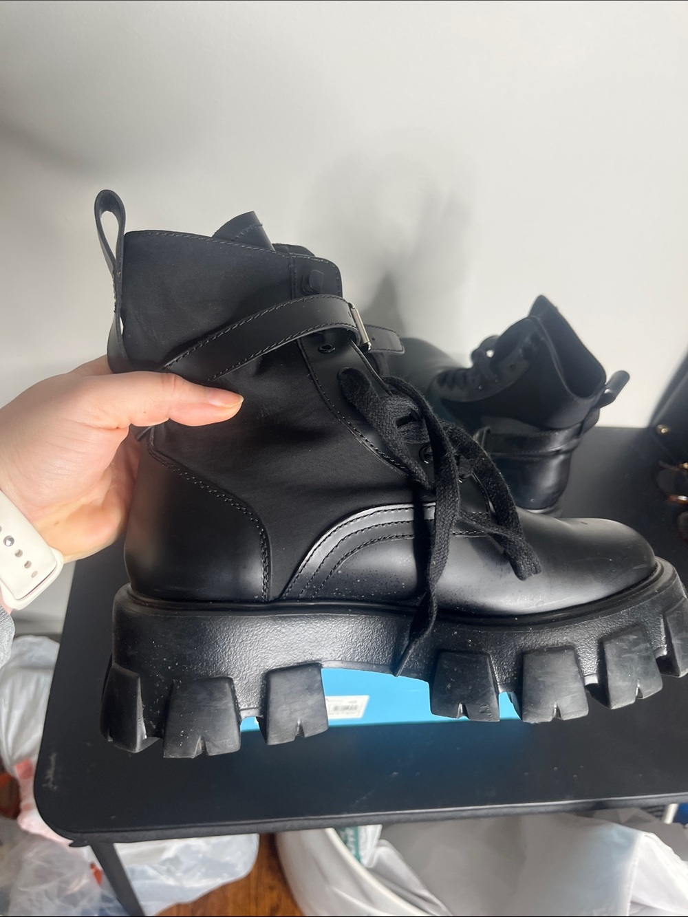 Prada Black Leather Nylon Calzature Combat Boots with Detachable Mini Pouch - Picture 6 of 8